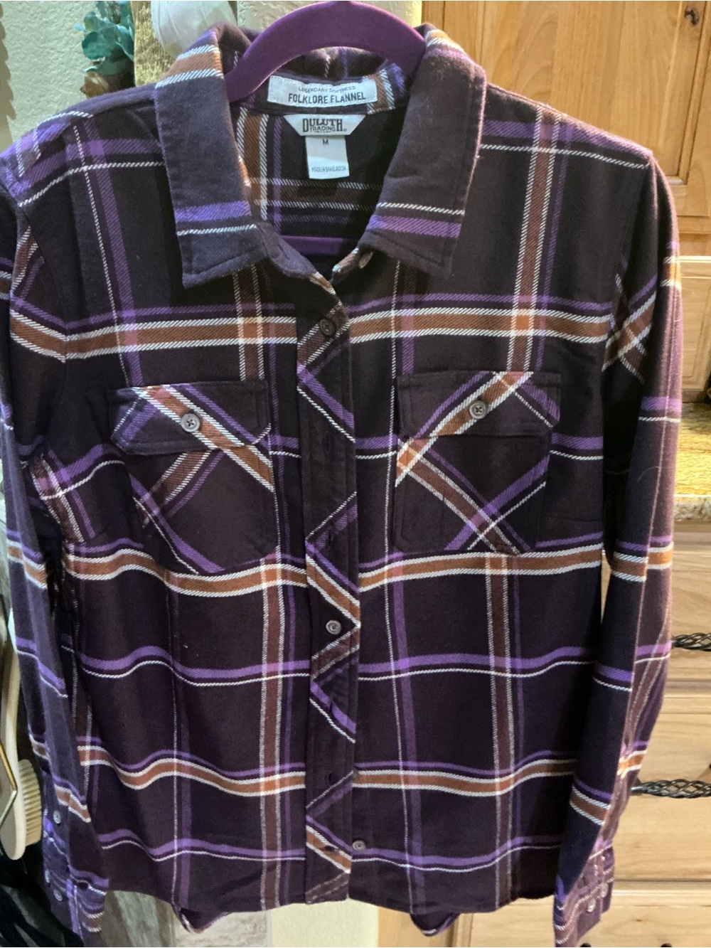 Duluth Trading Co Purple and Brown Plaid Button-Down Flannel